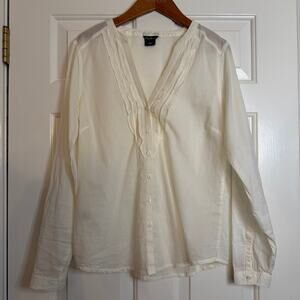 Eddie Bauer Women's Ivory LS Sheer Cotton Pintuck V Neck Button Down Boho Blouse